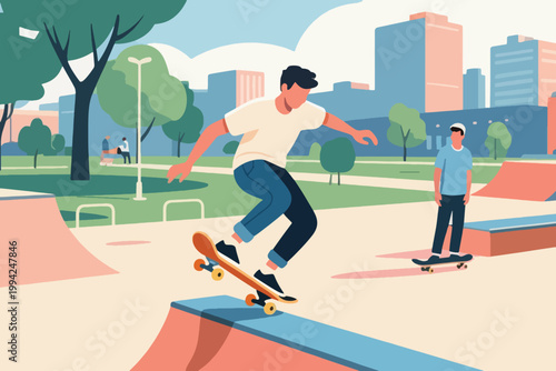 Illustration Of A Young Man Doing Skateboard Tricks On A Ramp Vector Design Template
