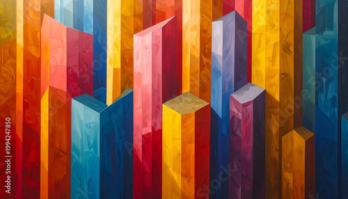 A vibrant abstract painting depicts a colorful cityscape with geometric shapes and a dynamic interplay of light and shadow.