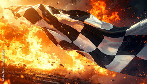 A checkered flag dramatically waves against a fiery, explosive background, symbolizing victory and intense competition.