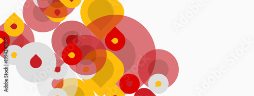 Abstract circles overlap, creating vibrant color patterns. Red, yellow, pink hues dominate white background. Modern design element.