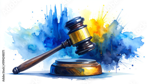 A watercolor painting depicts a gavel resting on a wooden base against a vibrant, abstract background of blue and yellow splashes, symbolizing justice and legal proceedings.