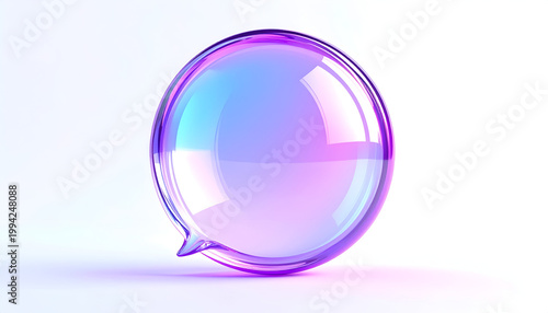 A vibrant, iridescent purple and blue speech bubble floats against a stark white background, showcasing a modern and abstract design.