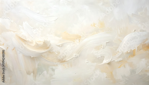 A contemporary abstract painting features swirling strokes of white, cream, and gold, creating a dynamic and textured composition reminiscent of flowing fabric or ethereal clouds.