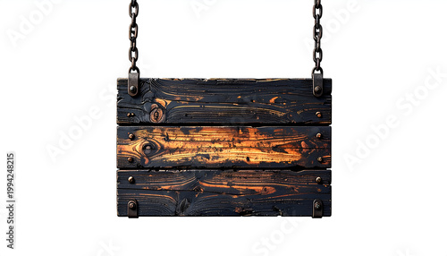 A rustic, dark wooden sign hangs suspended by heavy metal chains against a stark white background.