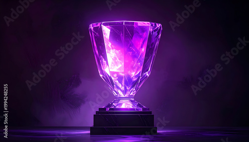 A luminous, multifaceted purple trophy stands prominently on a tiered pedestal, bathed in dramatic lighting and showcasing a captivating crystalline structure.