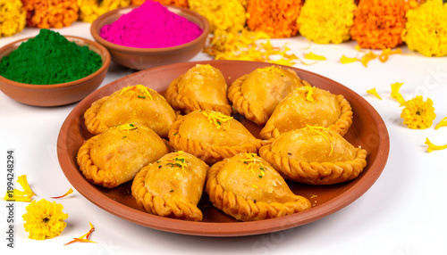 A vibrant display of traditional Indian sweets, gujiyas, arranged on a rustic clay plate alongside colorful powders and marigold garlands, evoking a festive atmosphere.