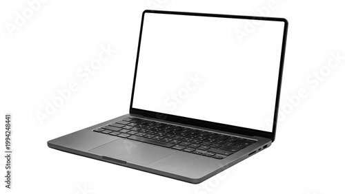 Modern silver laptop computer open with a blank screen displayed on transparent background with grid pattern and copy space for design elements and content creation applications business office