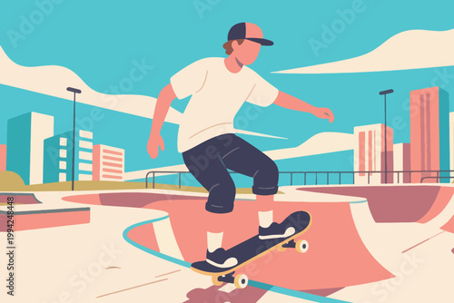 Illustration Of A Man Wearing A Hat Playing Skateboard At The Skate Park Vector Design Template