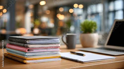Office productivity items on desk with documents, stationery, laptop, professional workspace, corporate environment, modern office interior, productivity-focused layout