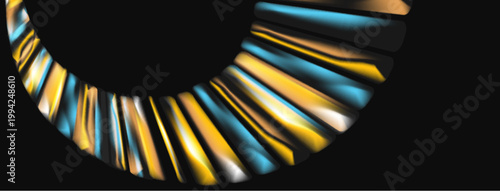 Abstract curved shapes, vibrant colors, dynamic composition. Metallic texture suggests light reflection, modern design element.