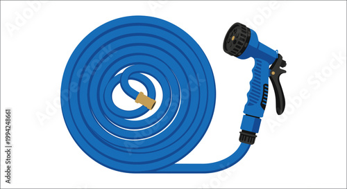A coiled blue garden hose with two spray nozzles displayed on a white background