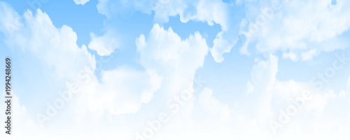 Serene summer sky background with white cumulus clouds. Atmospheric blue sky with clouds for nature or weather concept