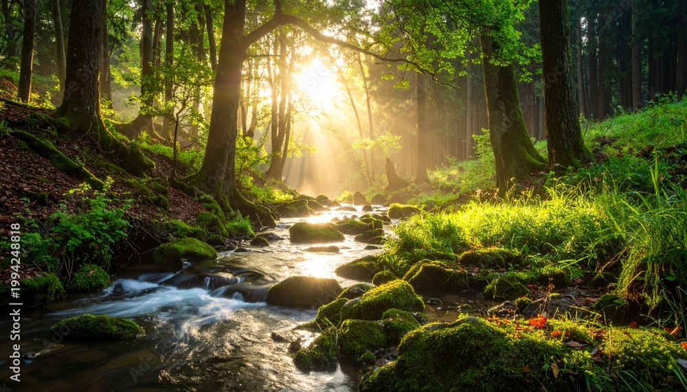 Fototapeta premium Enchanting forest landscape with a tranquil stream flowing through mossy rocks under the golden rays of a beautiful sunrise in the woodland.