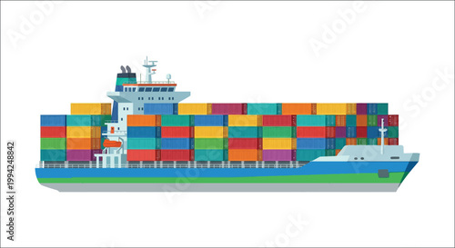 Colorful cargo ship loaded with stacked shipping containers at sea
