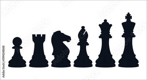 A collection of dark blue chess pieces arranged in a single row