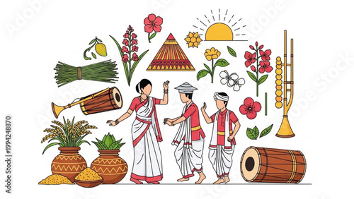 Traditional Indian festival celebration with dancers flowers and musical instruments outdoors