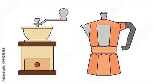 A colorful illustration of a coffee grinder and a moka pot