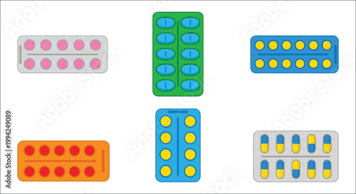 Various pharmaceutical pills capsules and blister packs are displayed