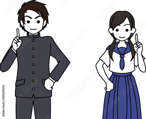 人差し指を立ててポイントを説明する制服姿の女子高生と男子高校生 イラスト