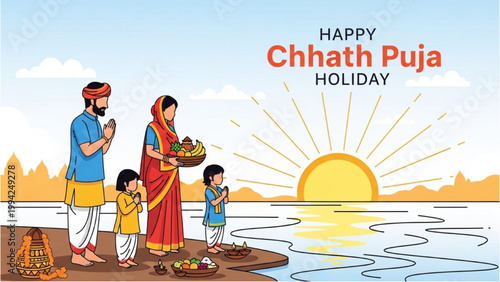 Family celebrates Chhath Puja by river with offerings to sunset