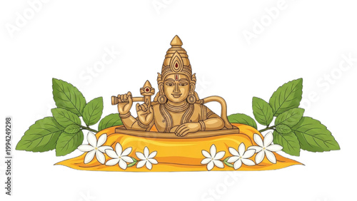 An illustration of a deity sitting on a pedestal surrounded by leaves and flowers