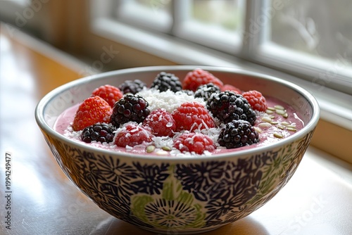 A nutritious smoothie bowl with fresh berries and superfood toppings, a healthy eating concept 