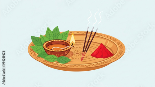 A traditional offering plate with a lit candle and incense sticks alongside a pile of red powder and green leaves on a decorative tray indoors.
