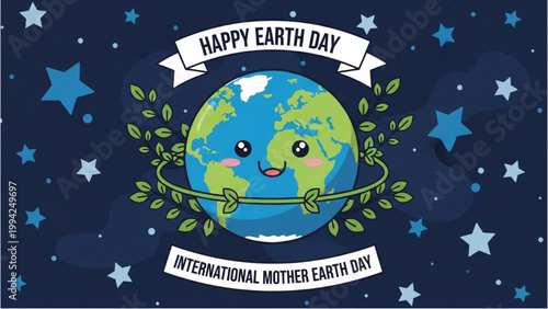 Earth Day celebration with cartoon globe surrounded by leaves and stars