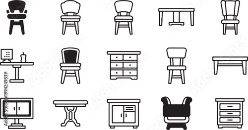 Furniture icons in black and white line style