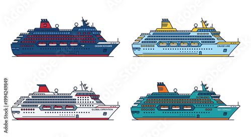 Colorful illustration of four different cruise ships on a white background