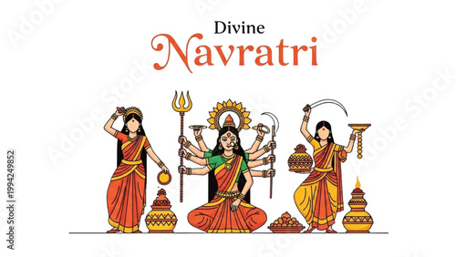 The Divine Navratri Festival Celebrations with Three Goddess Statues