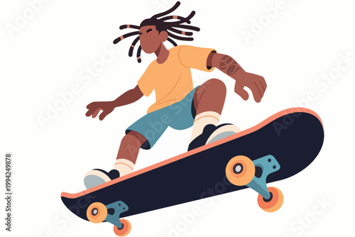 Illustration Of A Man With Dreadlocks Doing A Skateboard Trick In The Air With A White Background Vector Design Template