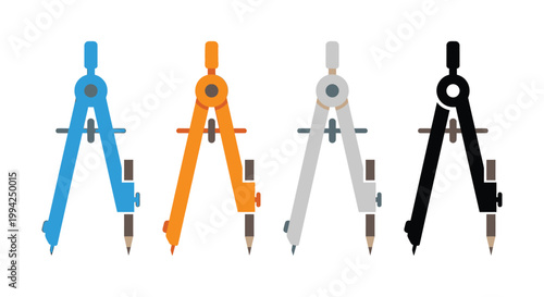 Four colorful drafting compasses illustrated in a row showcasing different hues