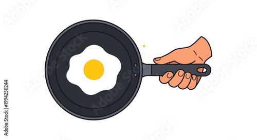 A cartoon illustration of a fried egg in a black frying pan