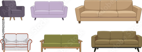 Flat Vector Illustration Set of Modern Living Room Furniture Icons Featuring Various Colorful Sofas, Loveseats, and Armchairs for Interior Home Decor Design Projects