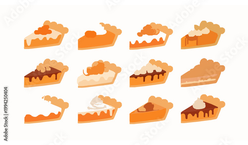 Carrot pie slice set with creamy topping and crust flat vector dessert collection isolated on white background
