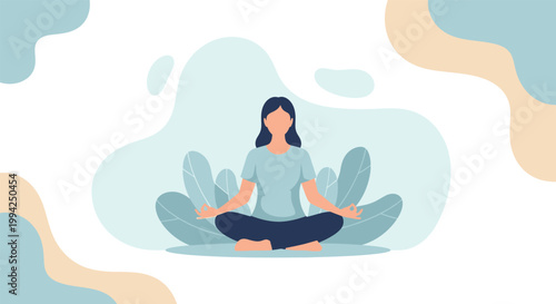 Serene Contemplation: An illustration of a woman in a lotus position, immersed in meditation, achieving inner peace and mindfulness amidst a soft, tranquil backdrop.