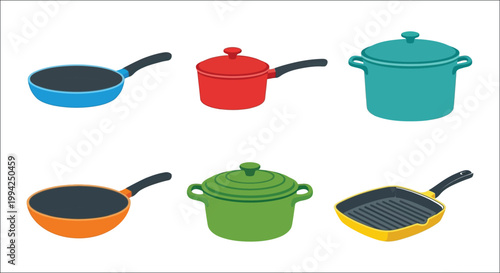 Colorful cookware set including frying pans saucepans and stockpots