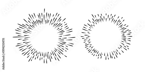 Two distinct black handdrawn radial sunburst elements on a clean white background, perfect for attentiongrabbing design and highlighting key information.