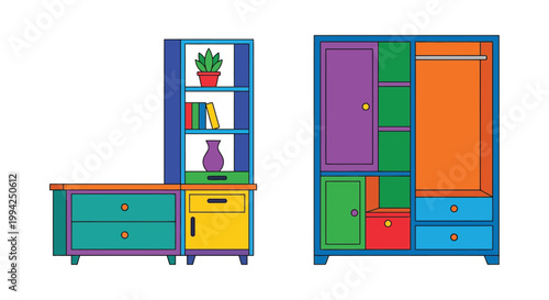 Colorful cartoon illustration of a bookshelf and wardrobe combination