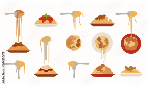 Spaghetti with fork flat vector set with pasta dishes and toppings collection isolated on white background