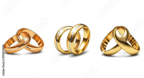 Three distinct pairs of gold wedding rings, showcasing varied and polished finishes, isolated on a white backdrop