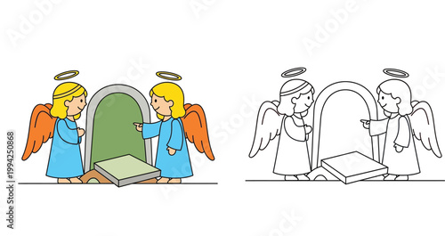 Christian Easter Resurrection Scene with Two Angels at the Empty Tomb, Colored and Line Art Coloring Page Illustration for Religious Education and Sunday School Activities