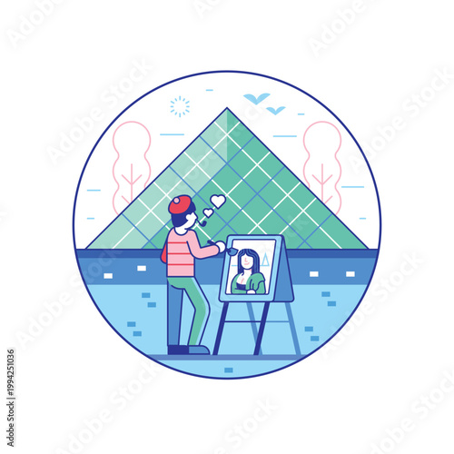 Parisian Artist Drawing Smiling Woman on Plein Air