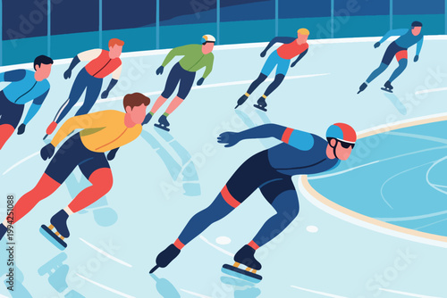 Illustration Of A Winter Sports Competition, Professional Ice Skaters In Action Vector Design Template