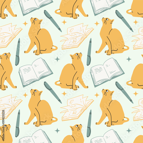 Cats flat seamless pattern. Doodle cat, fluffy pets cartoon isolated. Decorative kittens fabric print, childish racy vector background with animals.