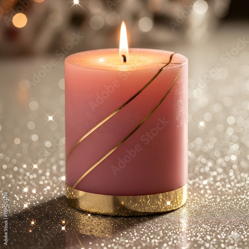 A pink candle with gold trim in glittery setting