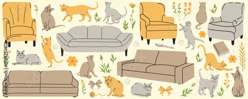 Cats near the sofa and armchairs. Funny cartoon pets. Playful cats. Vector furniture set.