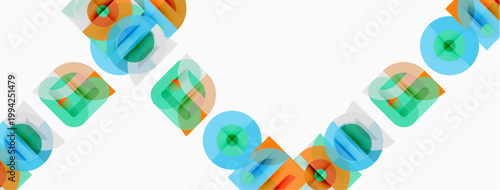 Abstract geometric shapes overlap, creating colorful patterns. Lines intersect, forming dynamic visual texture. Bright hues dominate composition.