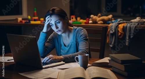 Stressed Woman Working Late at Night with Papers and Laptop